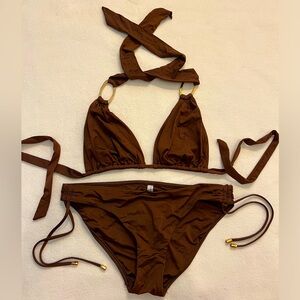 Two piece string bikini with gold brass accents, size S